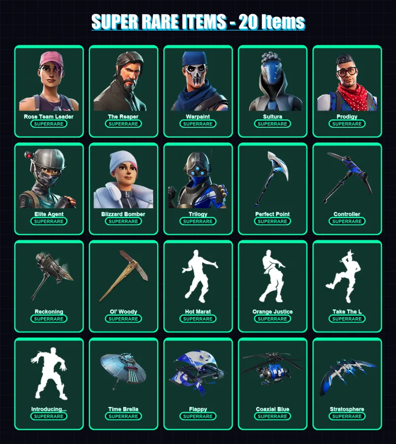[PS4/PS5/XBOX/PC] | Rose Team Leader | The Reaper | Warpaint | Sultura | Prodigy | 59 skin | 95 pickaxe | 86 emote | 97 glider | Lv1375