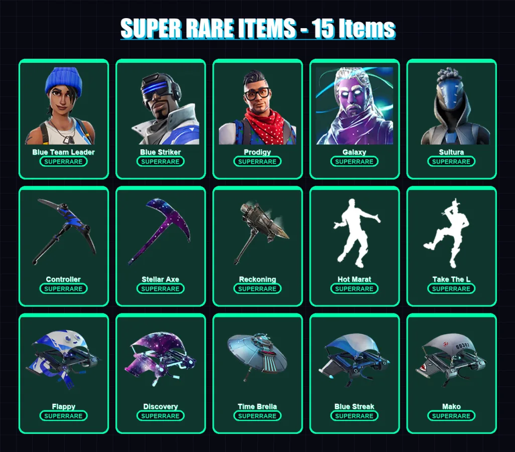 [PS4/PS5/XBOX/PC] | Blue Team Leader | Blue Striker | Prodigy | Galaxy | Sultura | 32 skin | 38 pickaxe | 53 emote | 43 glider | Lv819