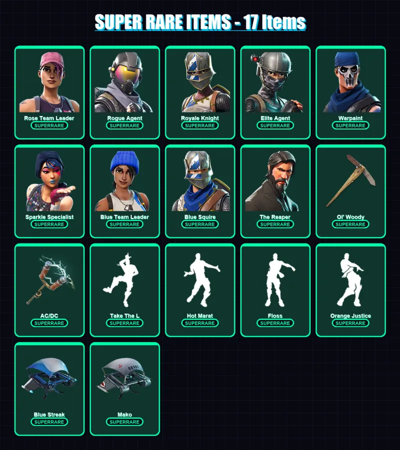 [PC/XBOX/PSN] | Rose Team Leader | Rogue Agent | Royale Knight | Elite Agent | Warpaint | 44 skin | 38 pickaxe | 43 emote | 43 glider | Lv656