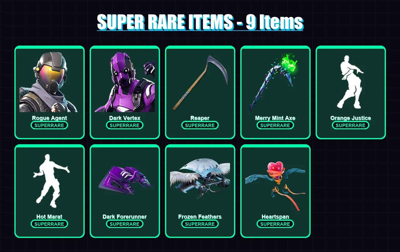 [PC/PSN] | Rogue Agent | Dark Vertex | Blackheart | Omega | Hybrid | 59 skin | 66 pickaxe | 65 emote | 59 glider | Lv1174