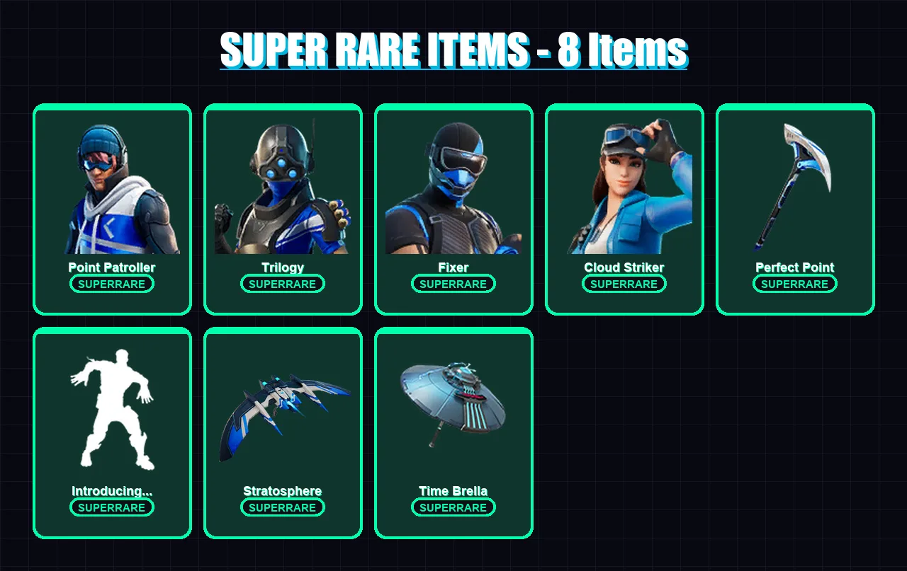 [PC/XBOX/PSN] | Point Patroller | Trilogy | Fixer | Cloud Striker | Sorana | 57 skin | 105 pickaxe | 55 emote | 88 glider | Lv1286