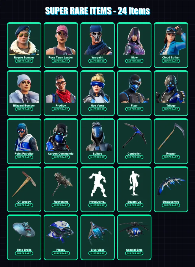 [PC/XBOX] | Royale Bomber | Rose Team Leader | Warpaint | Glow | Cloud Striker | 88 skin | 78 pickaxe | 92 emote | 72 glider | Lv801