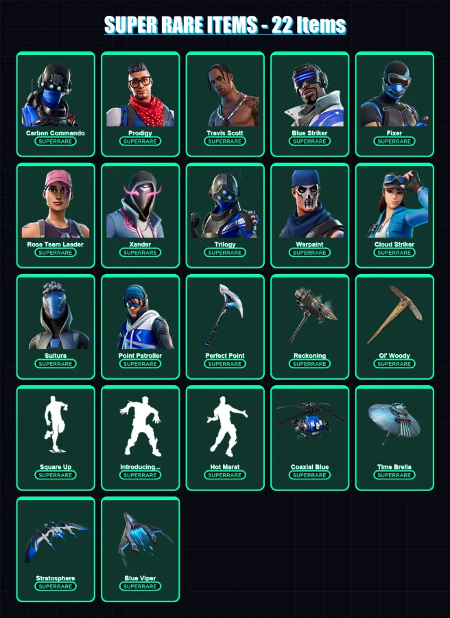 [PC] | Carbon Commando | Prodigy | Travis Scott | Blue Striker | Fixer | 212 skin | 223 pickaxe | 159 emote | 162 glider | Lv1849