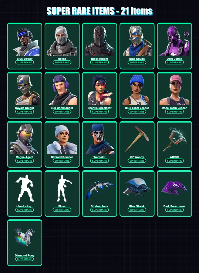 [PC] | Blue Striker | Havoc | Black Knight | Blue Squire | Dark Vertex | 39 skin | 39 pickaxe | 35 emote | 40 glider | Lv332