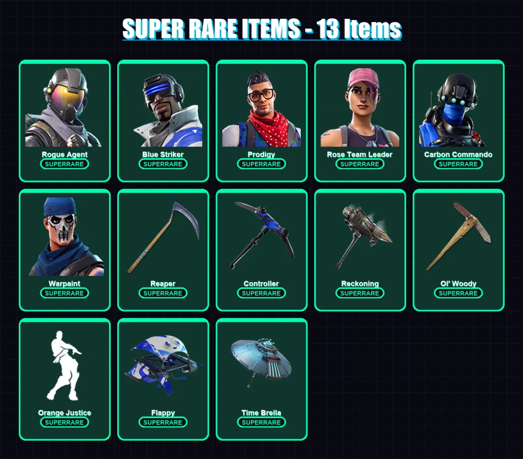 [PC/XBOX/PSN] | Rogue Agent | Blue Striker | Prodigy | Rose Team Leader | Carbon Commando | 90 skin | 86 pickaxe | 107 emote | 75 glider | Lv1044