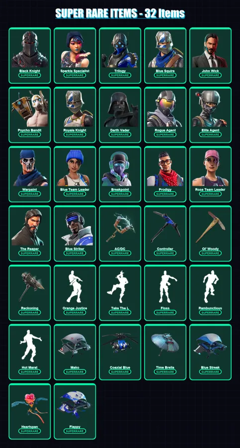 [PS4/PS5/XBOX/PC] | Black Knight | Sparkle Specialist | Trilogy | Blue Squire | John Wick | 272 skin | 191 pickaxe | 251 emote | 156 glider | Lv1803