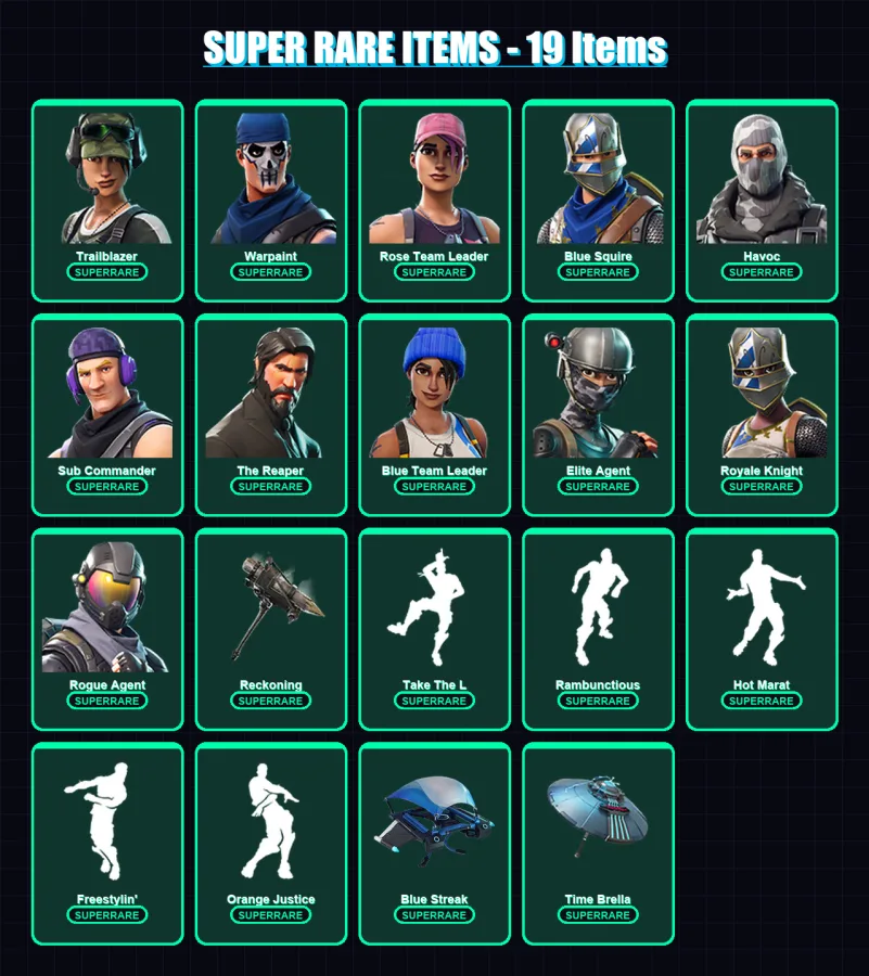 [PS4/PS5/XBOX/PC] | Trailblazer | Warpaint | Rose Team Leader | Blue Squire | Havoc | 87 skin | 36 pickaxe | 56 emote | 43 glider | Lv436