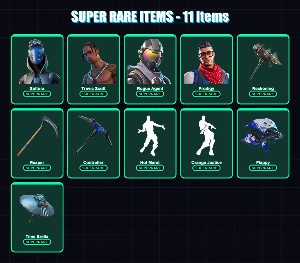 [PS4/PS5/XBOX/PC] | Sultura | Travis Scott | Rogue Agent | Prodigy | Rox | 74 skin | 81 pickaxe | 84 emote | 86 glider | Lv1228