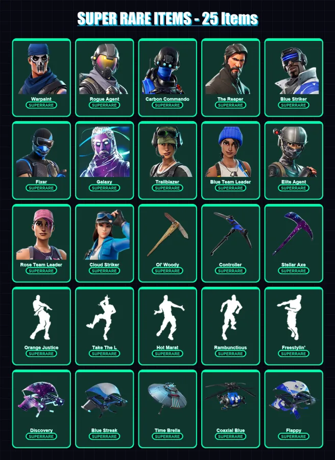 [PC/XBOX/PSN] | Warpaint | Rogue Agent | Carbon Commando | The Reaper | Blue Striker | 39 skin | 52 pickaxe | 66 emote | 73 glider | Lv1633