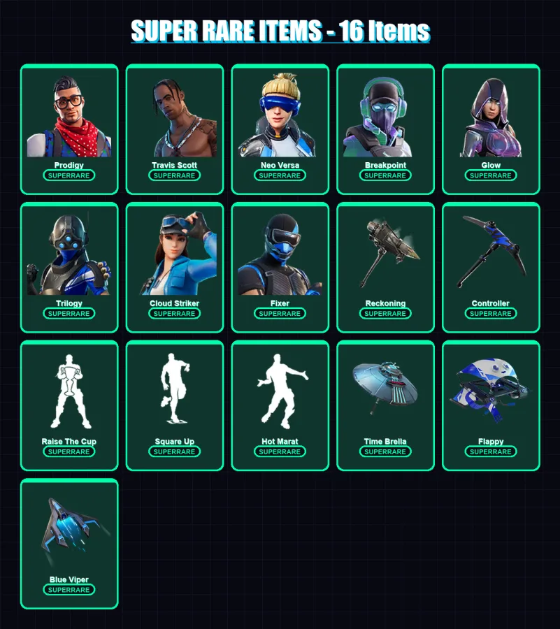 [PS4/PS5/XBOX/PC] | Prodigy | Travis Scott | Neo Versa | Breakpoint | Glow | 98 skin | 93 pickaxe | 101 emote | 100 glider | Lv1547