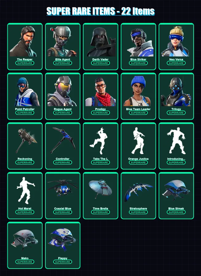 [PS4/PS5/XBOX/PC] | The Reaper | Elite Agent | Darth Vader | Blue Striker | Neo Versa | 157 skin | 146 pickaxe | 131 emote | 153 glider | Lv1966