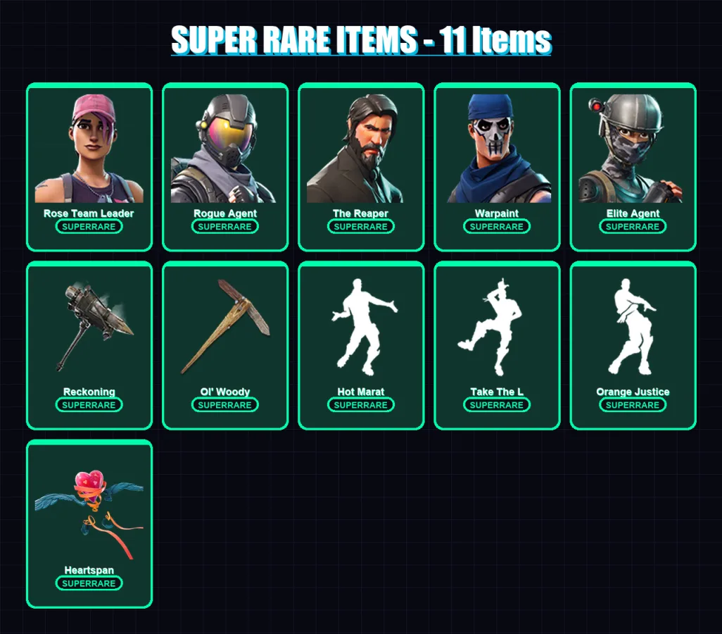 [PC/XBOX/PSN] | Rose Team Leader | Rogue Agent | The Reaper | Warpaint | Elite Agent | 88 skin | 67 pickaxe | 99 emote | 66 glider | Lv955