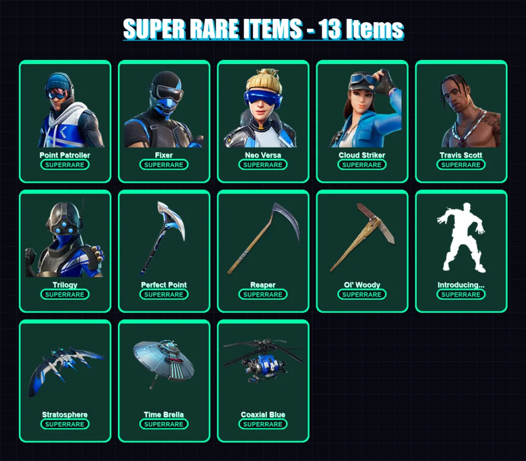[PS4/PS5/XBOX/PC] | Point Patroller | Fixer | Neo Versa | Cloud Striker | Travis Scott | 116 skin | 127 pickaxe | 121 emote | 112 glider | Lv1681