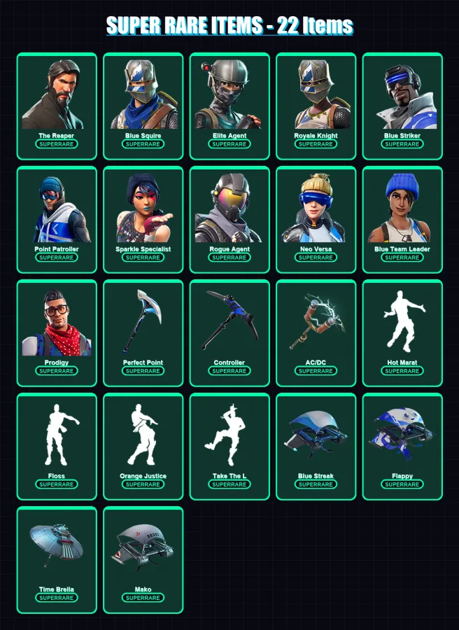 [PS4/PS5/XBOX/PC] | The Reaper | Blue Squire | Elite Agent | Royale Knight | Blue Striker | 56 skin | 65 pickaxe | 63 emote | 67 glider | Lv988
