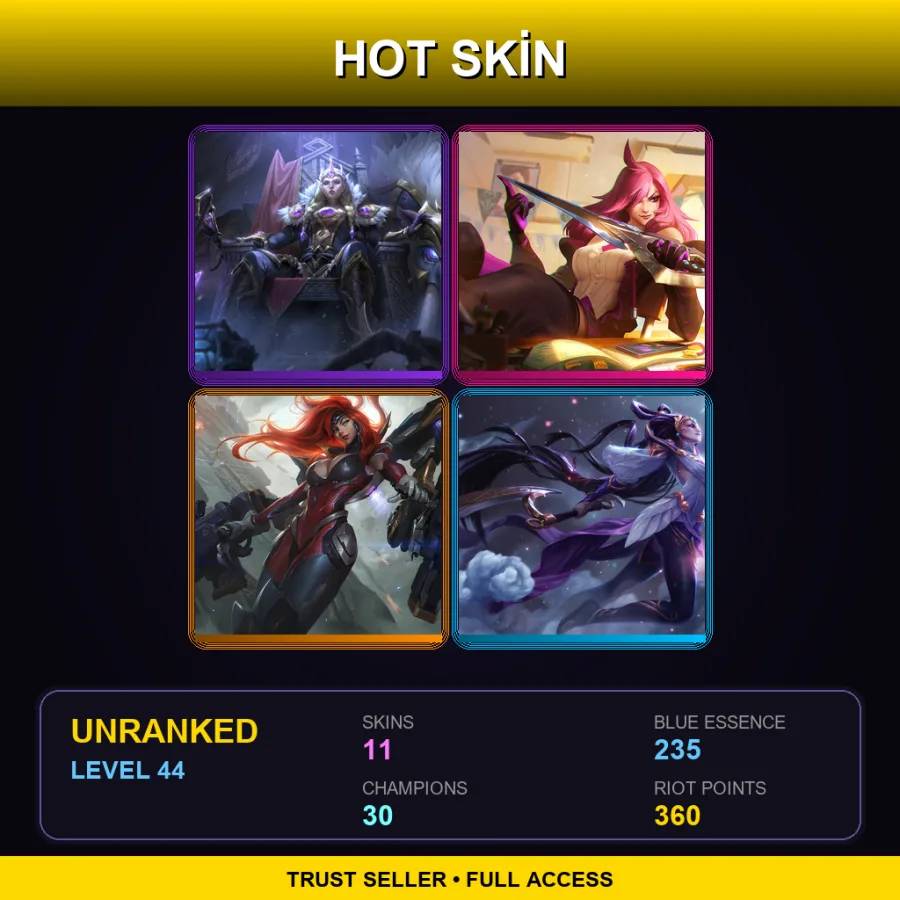 EUW | Victorious Sejuani | Battle Academia Katarina | Gun Goddess Miss Fortune | Lunar Goddess Diana | 11 Skin | 30 Champ | Lv44