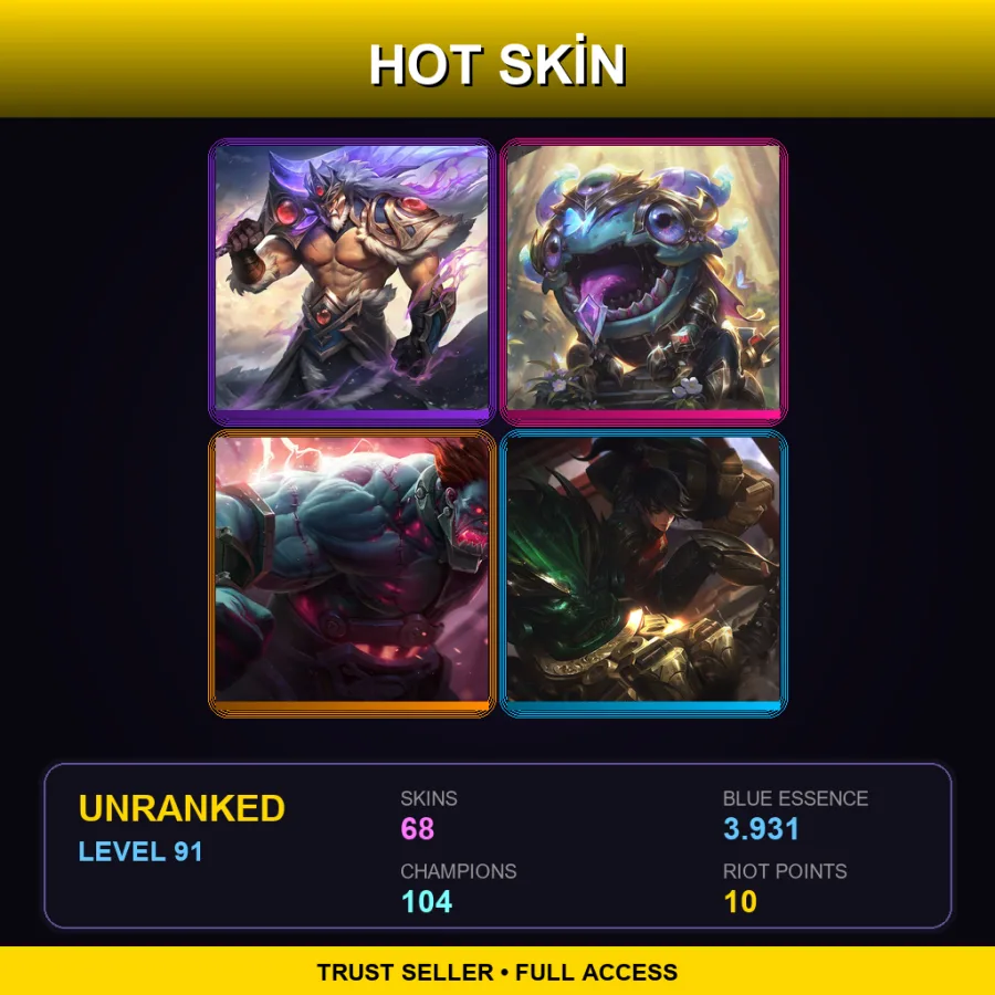 EUW | Victorious Tryndamere | Victorious Kog'Maw | Hextech Sion | Warring Kingdoms Vi | 68 Skin | 104 Champ | Lv91