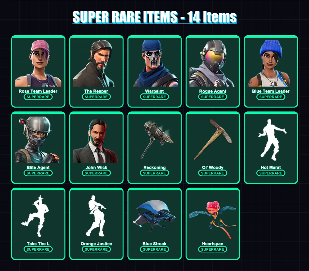 [PS4/PS5/XBOX/PC] | Rose Team Leader | The Reaper | Warpaint | Rogue Agent | Blue Team Leader | 110 skin | 85 pickaxe | 92 emote | 104 glider | Lv14