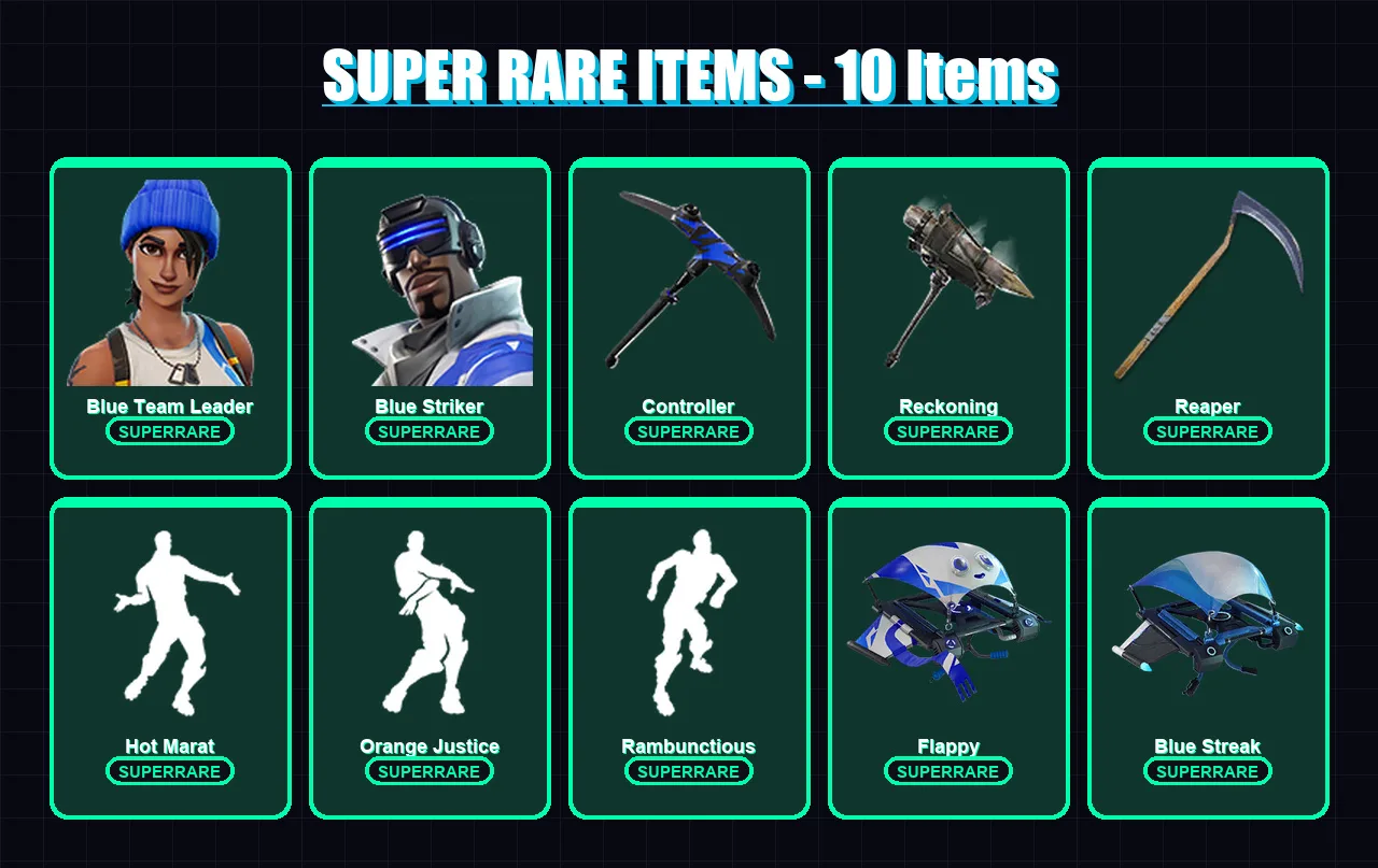 [PS4/PS5/XBOX/PC] | Blue Team Leader | Blue Striker | Calamity | Wild Card | Ravage | 20 skin | 14 pickaxe | 34 emote | 21 glider | Lv338