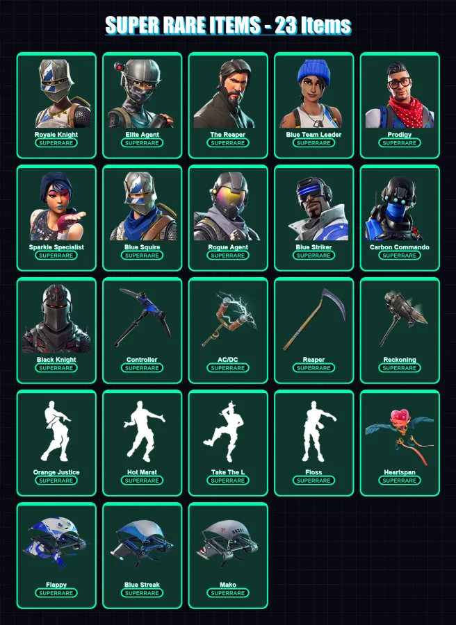 [PS4/PS5/XBOX/PC] | Royale Knight | Elite Agent | The Reaper | Blue Team Leader | Prodigy | 102 skin | 74 pickaxe | 88 emote | 78 glider | Lv1066