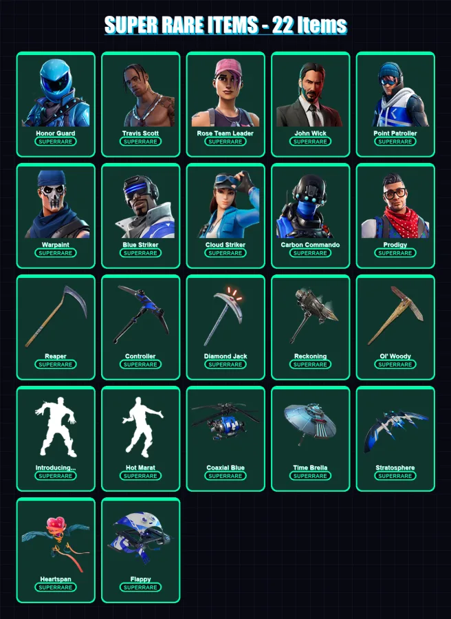 [PC] | Honor Guard | Travis Scott | Rose Team Leader | John Wick | Point Patroller | 127 skin | 135 pickaxe | 143 emote | 128 glider | Lv1879 — Fortnite account