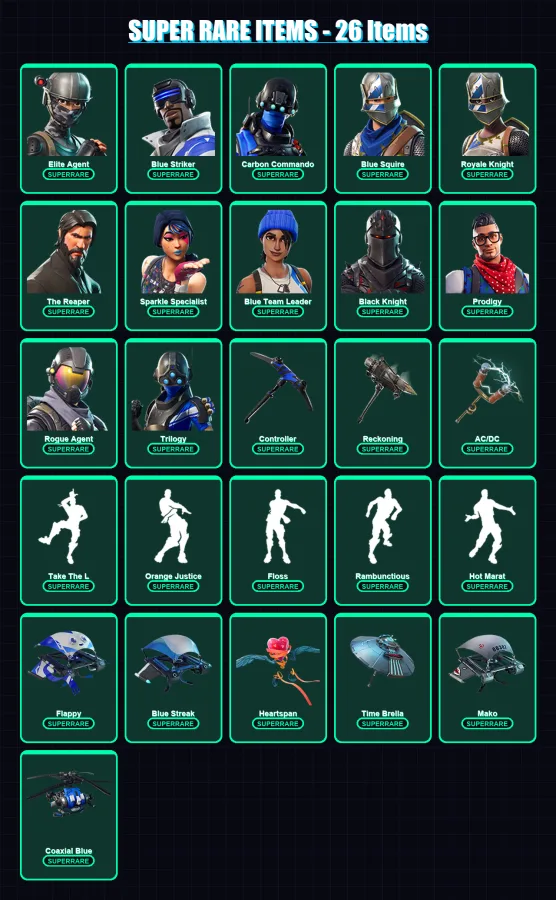 [PS4/PS5/XBOX/PC] | Elite Agent | Blue Striker | Carbon Commando | Blue Squire | Royale Knight | 98 skin | 69 pickaxe | 105 emote | 80 glider | Lv90