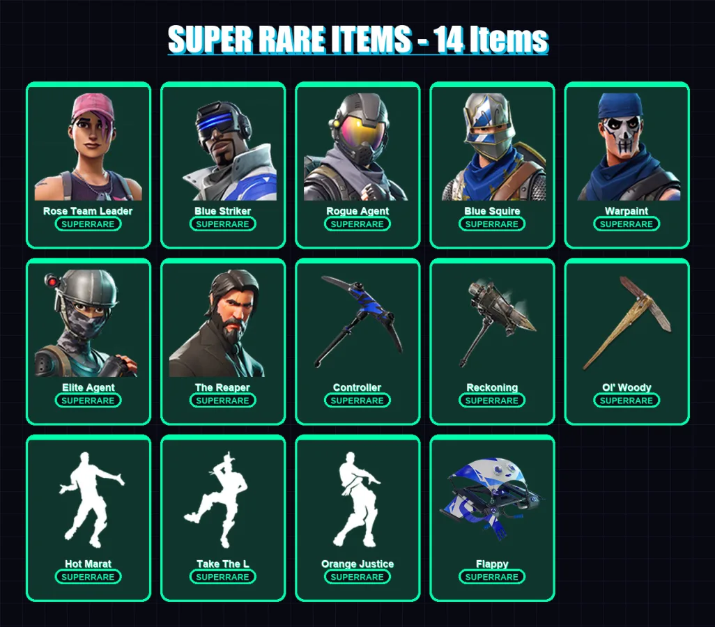 [PS4/PS5/XBOX/PC] | Rose Team Leader | Blue Striker | Rogue Agent | Blue Squire | Warpaint | 99 skin | 59 pickaxe | 78 emote | 60 glider | Lv945