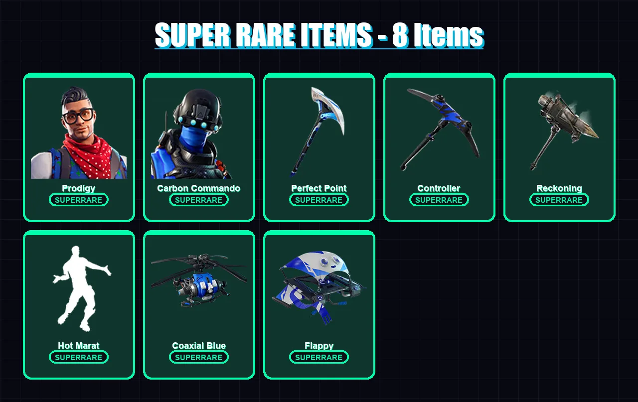 [PC/XBOX/PSN] | Prodigy | Carbon Commando | Era | Carbide | Calamity | 19 skin | 18 pickaxe | 20 emote | 21 glider | Lv179
