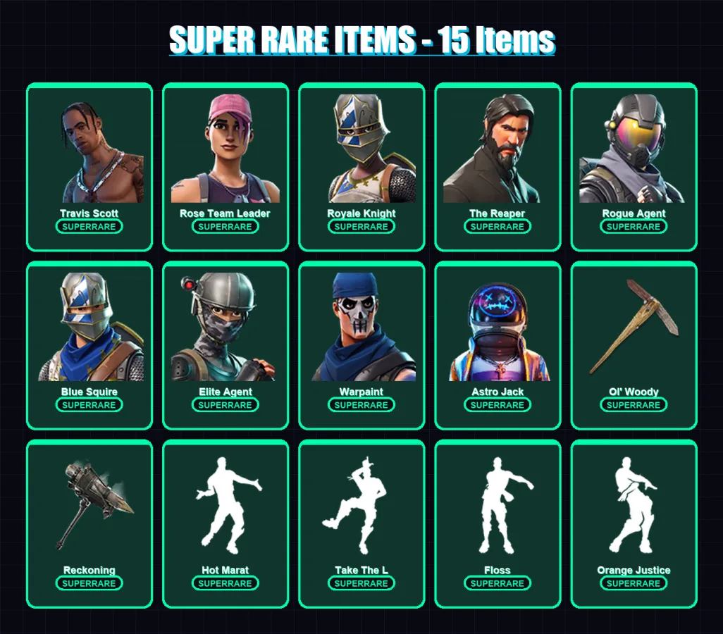 [PS4/PS5/XBOX/PC] | Travis Scott | Rose Team Leader | Royale Knight | The Reaper | Rogue Agent | 97 skin | 72 pickaxe | 107 emote | 91 glider | Lv14