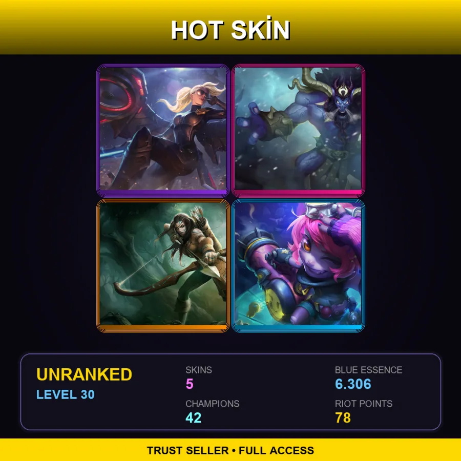 EUNE | Riot Kayle | Unchained Alistar | Woad Ashe | Riot Girl Tristana | 5 Skin | 42 Champ | Lv30