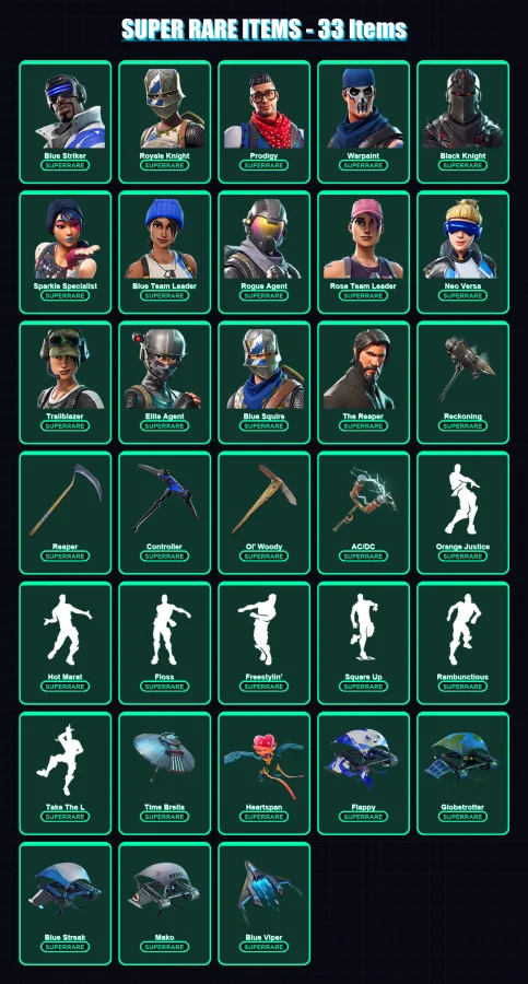 [PC/XBOX] | Blue Striker | Royale Knight | Prodigy | Warpaint | Black Knight | 216 skin | 186 pickaxe | 191 emote | 161 glider | Lv1904