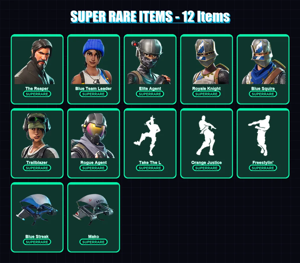 [PC/XBOX] | The Reaper | Blue Team Leader | Elite Agent | Royale Knight | Blue Squire | 35 skin | 27 pickaxe | 43 emote | 33 glider | Lv448