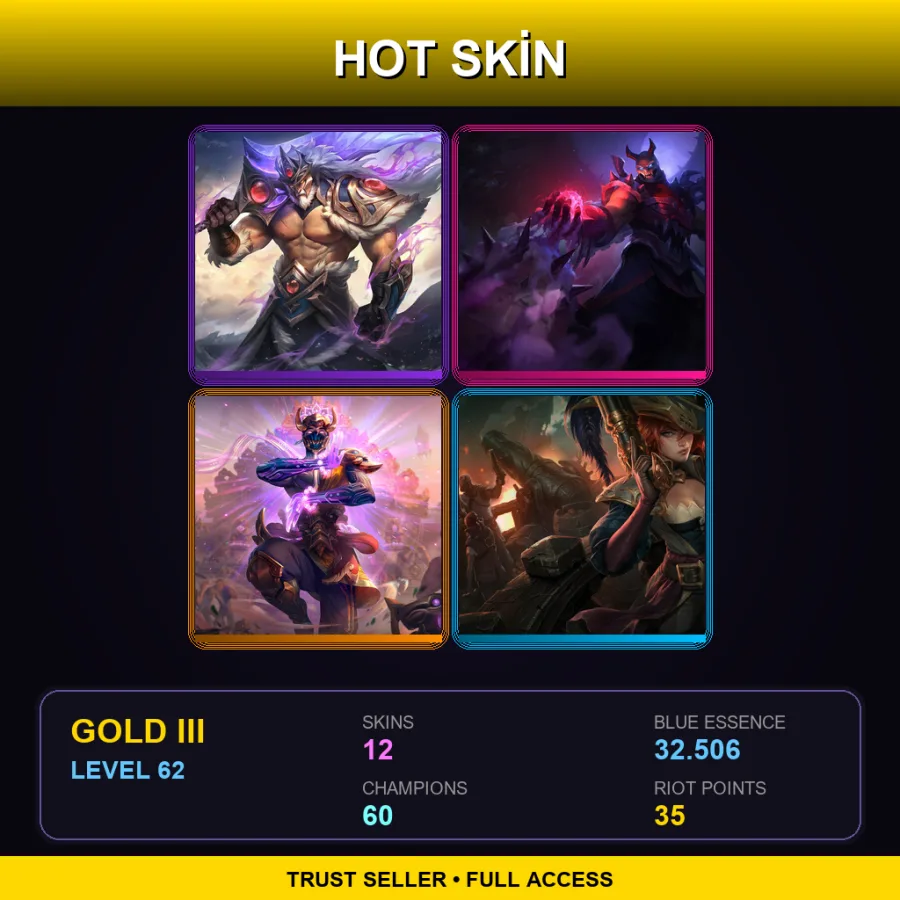 LAN | Victorious Tryndamere | Blood Moon Shen | Three Honors Malzahar | Captain Fortune | 12 Skin | 60 Champ | Gold III | Lv62