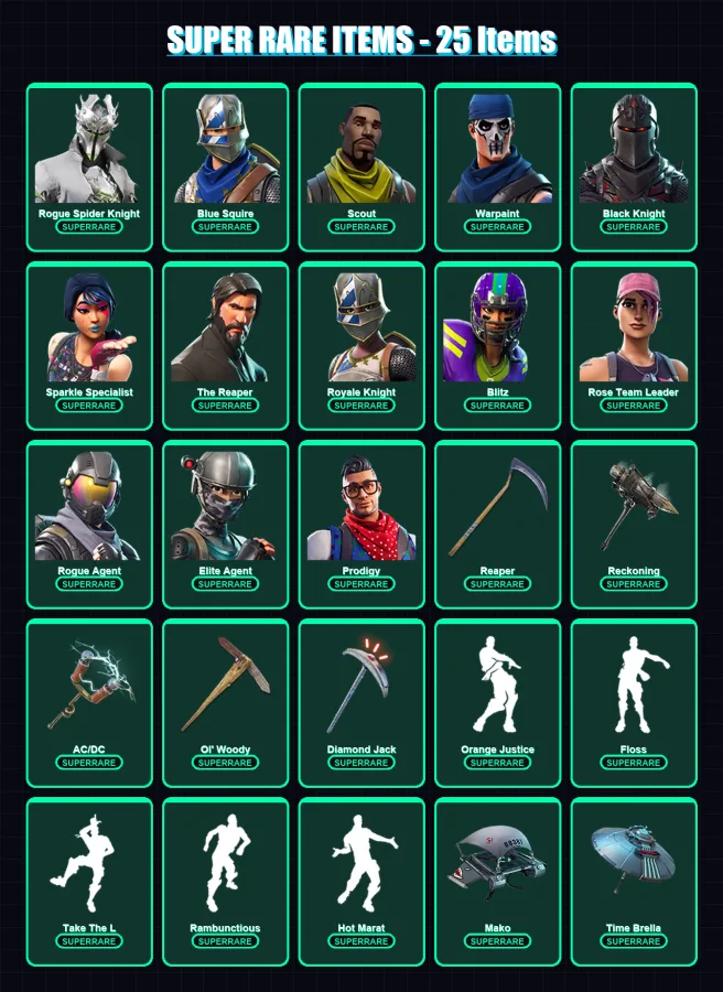 [PC/XBOX/PSN] | Rogue Spider Knight | Blue Squire | Scout | Warpaint | Black Knight | 195 skin | 139 pickaxe | 158 emote | 140 glider | Lv2299