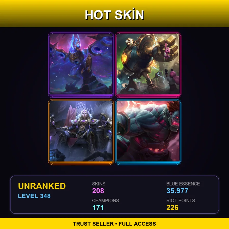 EUW | Lv348 | Unranked | 208 Skin | 171 Champ — LoL account