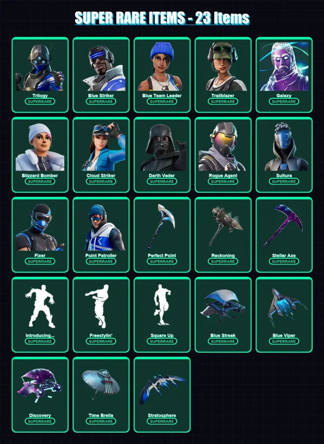 [PS4/PS5/XBOX/PC] | Trilogy | Blue Striker | Blue Team Leader | Trailblazer | Galaxy | 157 skin | 162 pickaxe | 171 emote | 120 glider | Lv1195