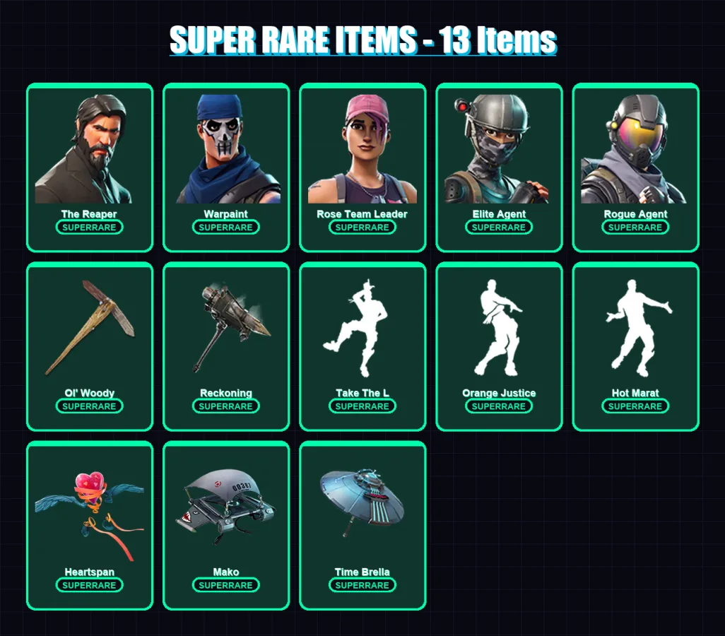 [PS4/PS5/XBOX/PC] | The Reaper | Warpaint | Rose Team Leader | Elite Agent | Rogue Agent | 111 skin | 104 pickaxe | 108 emote | 115 glider | Lv1581