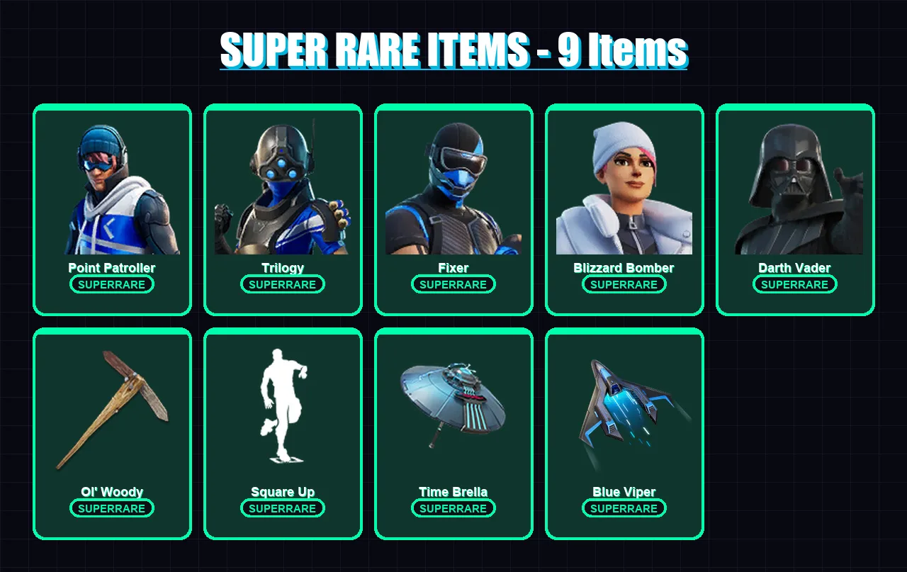 [PS4/PS5/XBOX/PC] | Point Patroller | Trilogy | Fixer | Blizzard Bomber | Darth Vader | 172 skin | 197 pickaxe | 142 emote | 170 glider | Lv2272