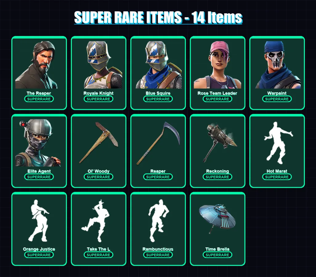 [PC/PSN] | The Reaper | Royale Knight | Blue Squire | Rose Team Leader | Warpaint | 120 skin | 131 pickaxe | 129 emote | 122 glider | Lv1700