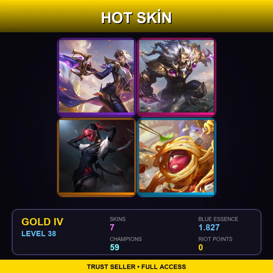 EUW | Victorious Fiora | Victorious Rengar | Masque of the Black Rose Elise | Spaghetti alla Vel'Koz | 7 Skin | 59 Champ | Gold IV | Lv38