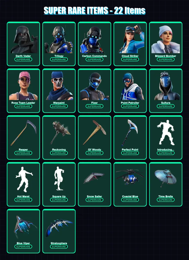[PC] | Darth Vader | Trilogy | Carbon Commando | Cloud Striker | Blizzard Bomber | 249 skin | 241 pickaxe | 202 emote | 201 glider | Lv2500