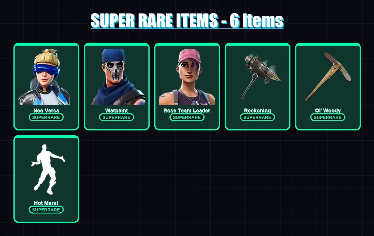 [PC/XBOX/PSN] | Neo Versa | Warpaint | Rose Team Leader | Calamity | Frostbite | 23 skin | 28 pickaxe | 33 emote | 30 glider | Lv393