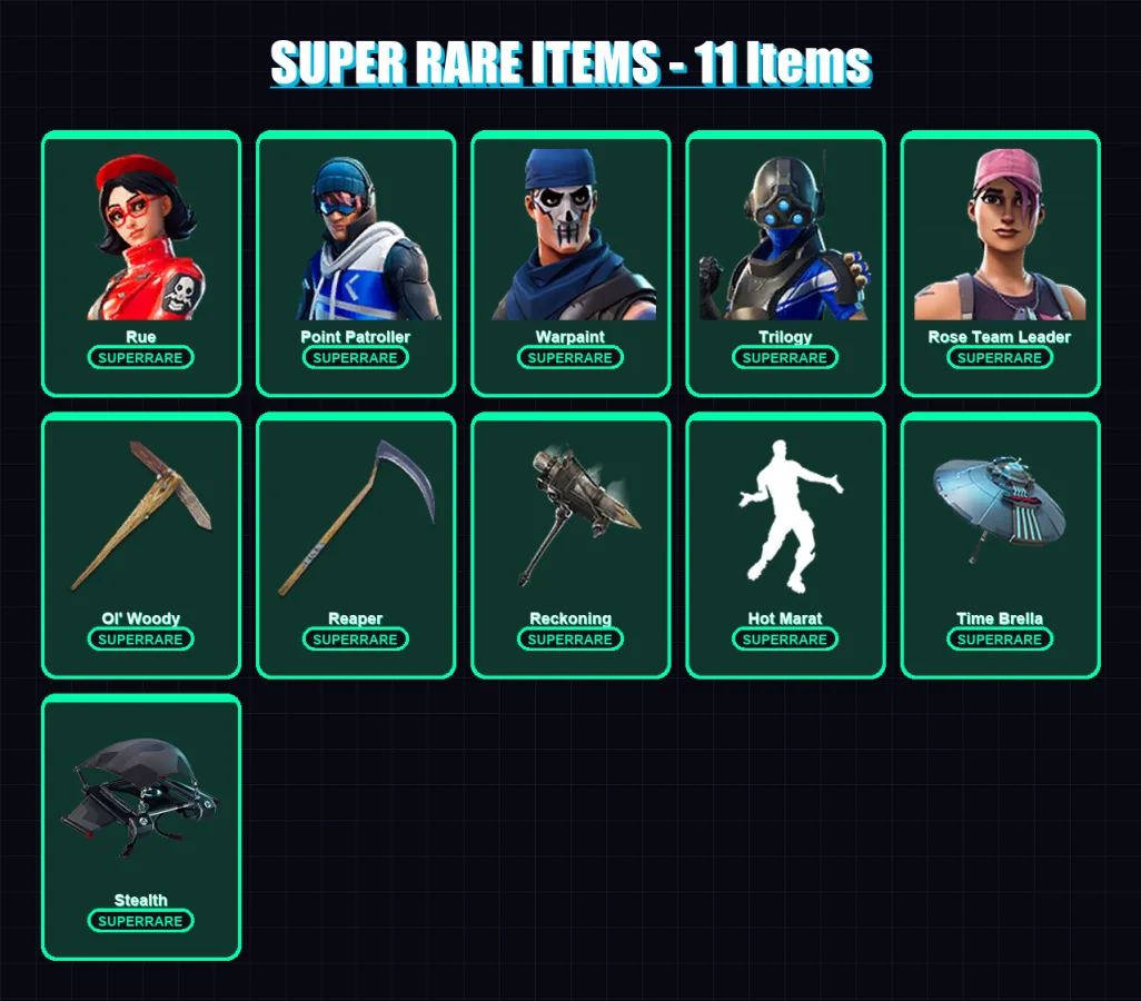 [PC] | Rue | Point Patroller | Warpaint | Trilogy | Rose Team Leader | 143 skin | 136 pickaxe | 145 emote | 117 glider | Lv1655