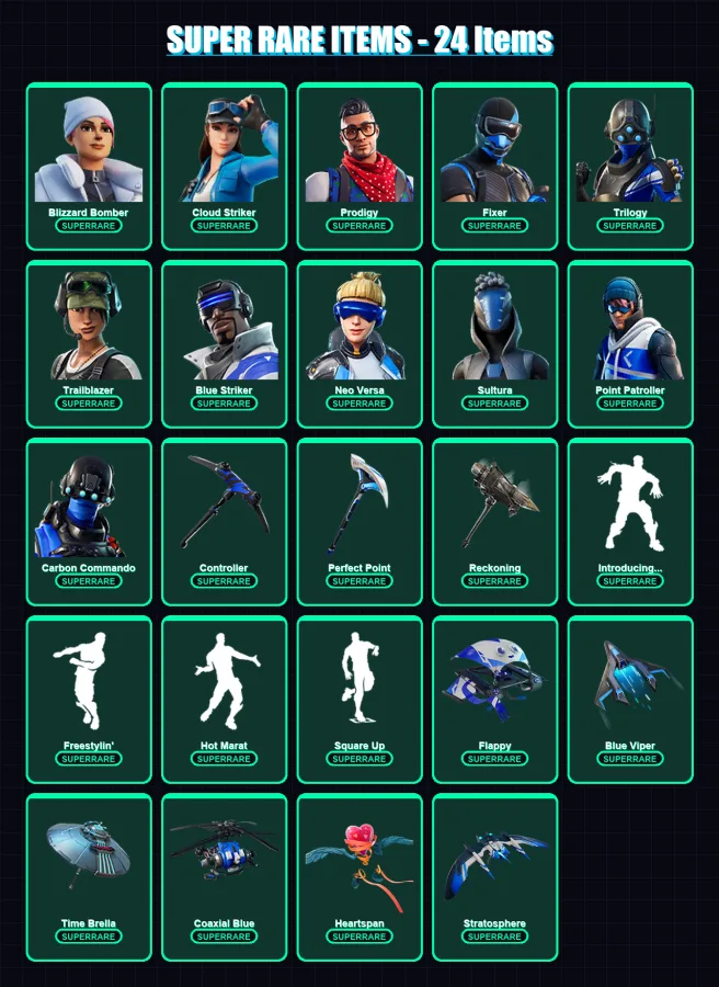 [PS4/PS5/XBOX/PC] | Blizzard Bomber | Cloud Striker | Prodigy | Fixer | Trilogy | 58 skin | 72 pickaxe | 76 emote | 70 glider | Lv1004