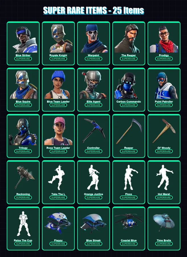 [PC/XBOX] | Polo Prodigy | Blue Striker | Royale Knight | Warpaint | The Reaper | 332 skin | 270 pickaxe | 215 emote | 206 glider | Lv2799