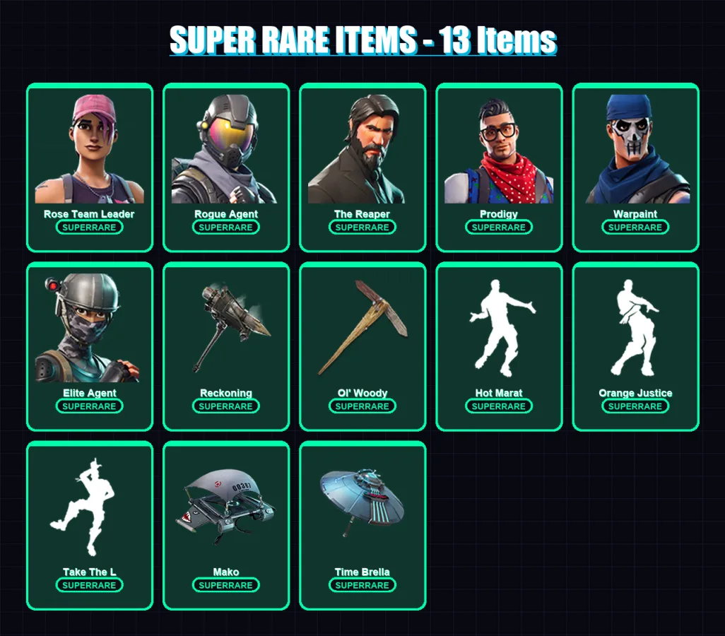 [PC] | Rose Team Leader | Rogue Agent | The Reaper | Prodigy | Warpaint | 71 skin | 48 pickaxe | 69 emote | 53 glider | Lv593