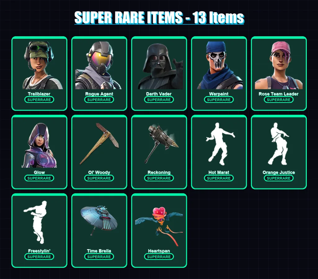 [PC/XBOX/PSN] | Trailblazer | Rogue Agent | Darth Vader | Warpaint | Rose Team Leader | 358 skin | 346 pickaxe | 270 emote | 226 glider | Lv2433