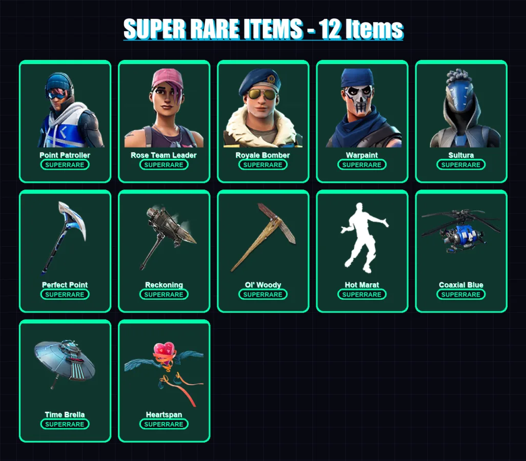 [PS4/PS5/XBOX/PC] | Point Patroller | Rose Team Leader | Royale Bomber | Warpaint | Sultura | 77 skin | 83 pickaxe | 74 emote | 69 glider | Lv1065