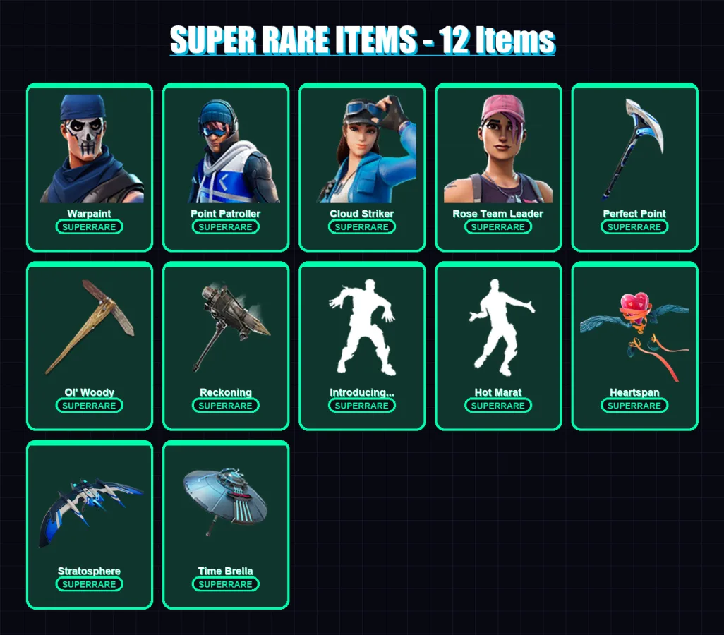 [PC/XBOX] | Warpaint | Point Patroller | Cloud Striker | Rose Team Leader | Ruin | 77 skin | 69 pickaxe | 114 emote | 80 glider | Lv1034