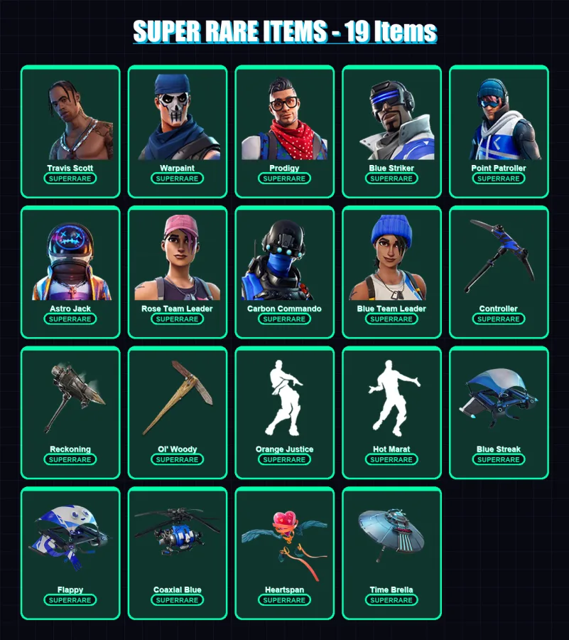 [PC/XBOX] | Travis Scott | Warpaint | Prodigy | Blue Striker | Point Patroller | 72 skin | 51 pickaxe | 59 emote | 65 glider | Lv762
