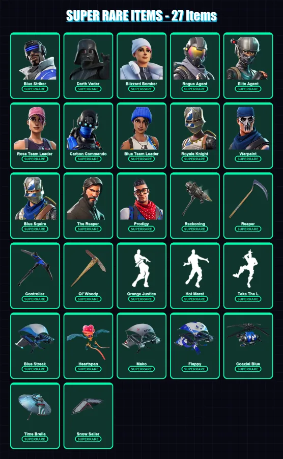 [PS4/PS5/XBOX/PC] | Blue Striker | Darth Vader | Blizzard Bomber | Rogue Agent | Elite Agent | 104 skin | 89 pickaxe | 72 emote | 66 glider | Lv913